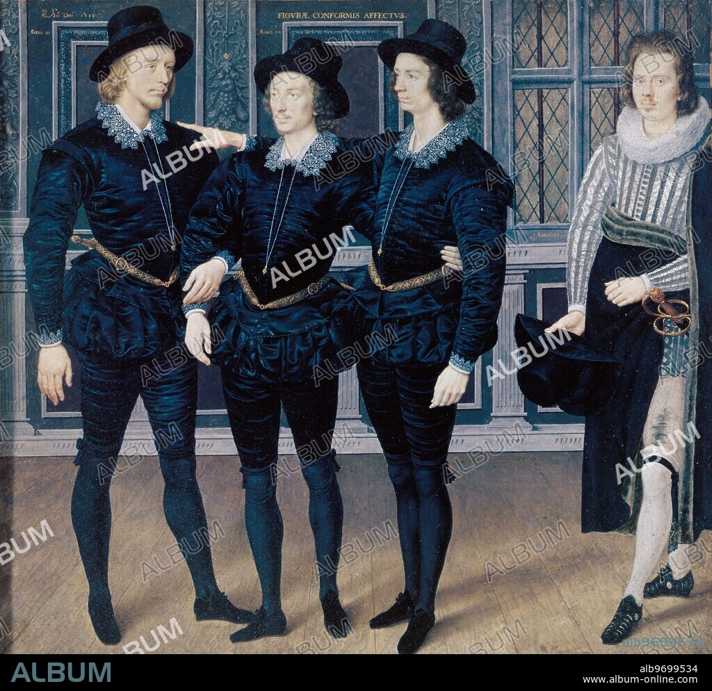 Three brothers Browne and their servant - 1598. L to R: John Browne, Anthony Maria Browne (1573/4-1629), William Browne; grandsons of Anthony Browne, 1st Viscount Montague who was implicated in the Ridolfi Plet; Anthony Maria Browne suspected of complicity in the Gunpowder Plot.. by Isaac Oliver (c.1565-1617). in Burghley House Collection, Lincolnshire, UK . ©TopFoto.