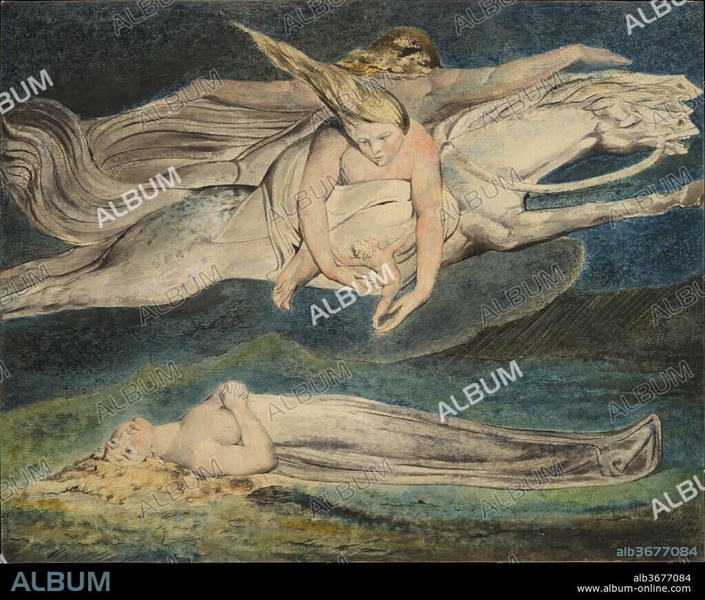 Pity. Artist: William Blake (British, London 1757-1827 London). Dimensions: sheet: 16 5/8 x 20 3/4in. (42.2 x 52.7cm). Subject: William Shakespeare (British, Stratford-upon-Avon 1564-1616 Stratford-upon-Avon). Date: ca. 1795.
Blake was inspired by lines from Macbeth (act 1, scene 7), in which the title character imagines the aftermath of his intended murder of Duncan, the king:
"And pity, like a naked new-born babe,?Striding the blast, or heaven's cherubin, hors'd ?Upon the sightless couriers of the air, ?Shall blow the horrid deed in every eye"
Shakespeare's similes are embodied here to form a dynamic interplay: a tiny baby springs from his mother towards an angel astride a blind steed. The artist inventively mixed relief etching with colors printed from millboard to produce the image, and then used ink and watercolor to define details. Blake called prints like this one "frescoes" and considered them part of a narrative sequence.