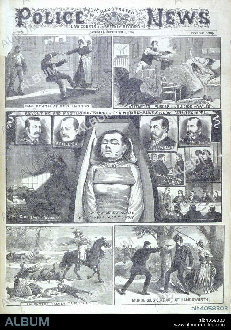 Murder at Buck's Row. The Illustrated Police News. Law courts and weekly. London, September 8, 1888. Revolting and mysterious murder of a woman- Buck's Row Whitechapel'. Illustrations relating to the Whitechapel or 'Jack the Ripper' murders.  Image taken from The Illustrated Police News. Law courts and weekly record.  Originally published/produced in London, September 8, 1888. . Source: Colindale, front page, number 1,282. Language: English.