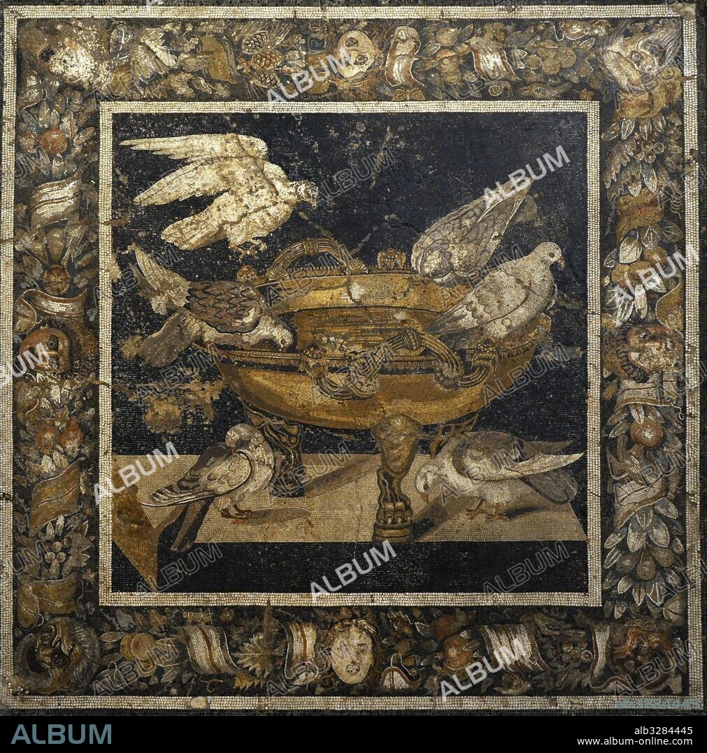 Mosaico romano con la representación de palomas bebiendo de una fuente. Casa del Mosaico de las palomas. Pompeya. Siglo I d. C. Museo Arqueológico Nacional. Nápoles. Italia.