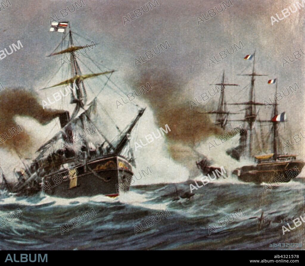 Battle between the German gunship "Meteor" and the French aviso "Bouvet" off Havana, 9 November 1870, (1936). 'Kampf Zwischen Dem Deutschen Kanonenboot "Meteor" Und Dem Französischen Aviso "Bouvet" Vor Havanna, 9 November 1870'. The Battle of Havana, during the Franco-Prussian War, took place off the coast of Havana (Spanish Cuba). The Bouvet opened fire on the Meteor, but the battle was inconclusive and neither ship was permanently disabled. From "Bilder Deutscher Geschichte", (Pictures of German History), No.12, cigarette card album. [Cigaretten-Bilderdienst, Altona-Bahrenfeld, Hamburg, Germany, 1936].