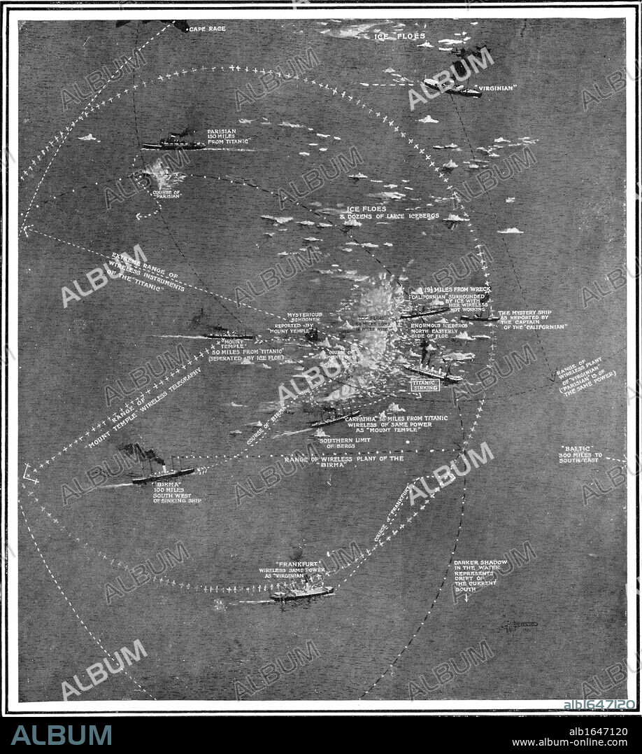Chart of the RMS Titanic wreck site showing ships within call by wireless at the time of the collision.