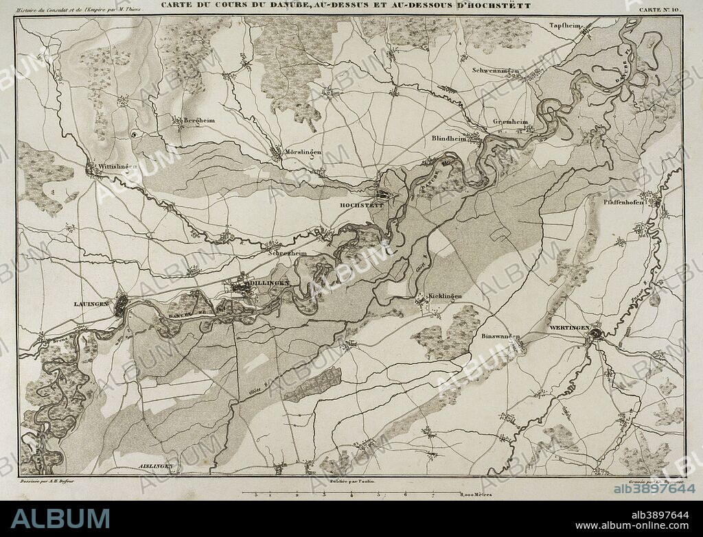 Mapa de curso del río Danubio, cauce arriba y abajo de Hochstett. Historia del Consulado y del Imperio de Napoleón (Atlas de l'Histoire du Consulat et de l'Empire). Obra de Marie Joseph Louis Adolphe Thiers (1797-1877). Dibujos realizados por Dufour y grabados por Dyonnet. Editado en París, 1864. Biblioteca Histórico Militar de Barcelona. Cataluña, España.