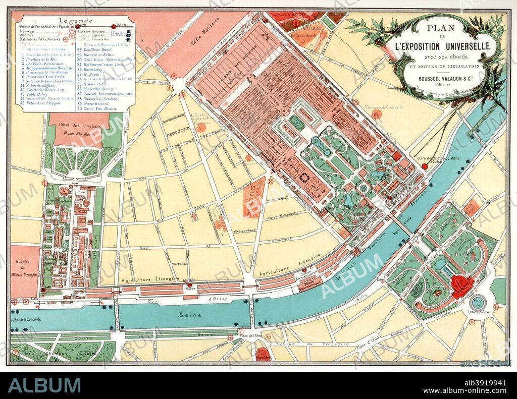 Plan of the Universal Exposition, Paris, 1889. The Exposition Universelle of 1889 was staged in commemration of the centenary of the French Revolution. The Eiffel Tower was built at the entrance to the exhibition. A print from Figaro Exposition, Simpkin, Marshall, Hamilton, Kent and Co, Limited, 4 Stationers Hall Court, London, 1889.