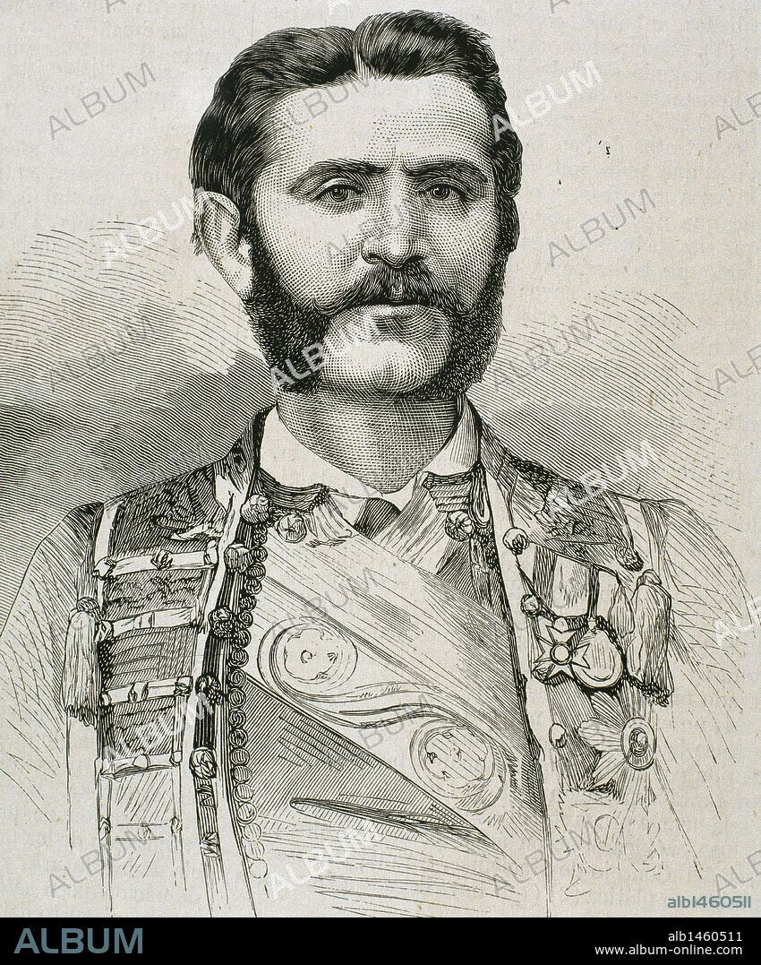 NICOLAS I (Njegos,1841-Antibes,1921). Príncipe (1860-1910) y rey de Montenegro (1910-1918), de nombre Nikola Petrovic Njegos. Accedió al trono tras el asesinato de su tío Danilo I (1860). Grabado del año 1875.