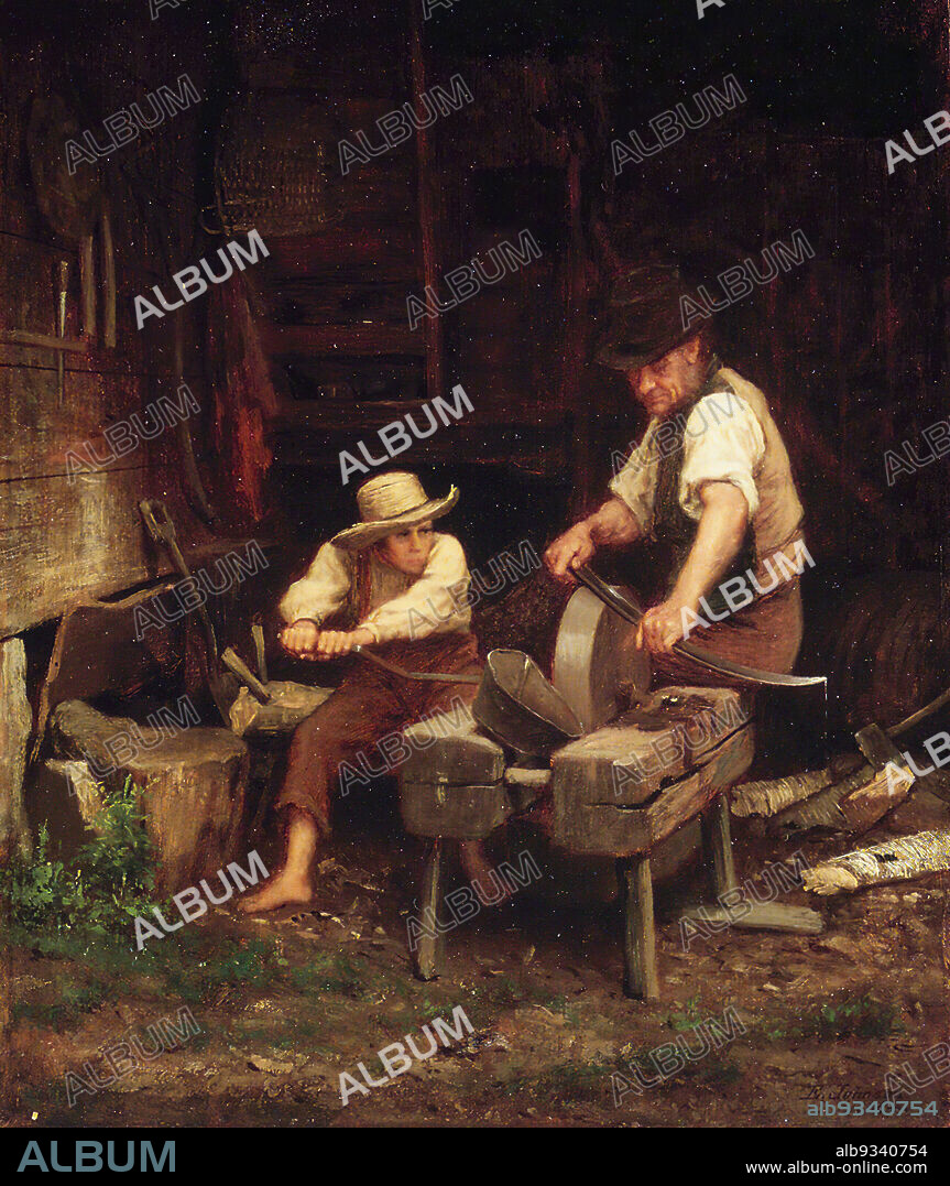 Sharpening the Scythe, Eastman Johnson, American, 1824-1906, Oil, ca. 1865, 15 7/16 x 13in., 39.2 x 33cm, American, apprentice, barefoot, country, figures, male, man, painting, son, tradesmen, whetstone, work, workers.