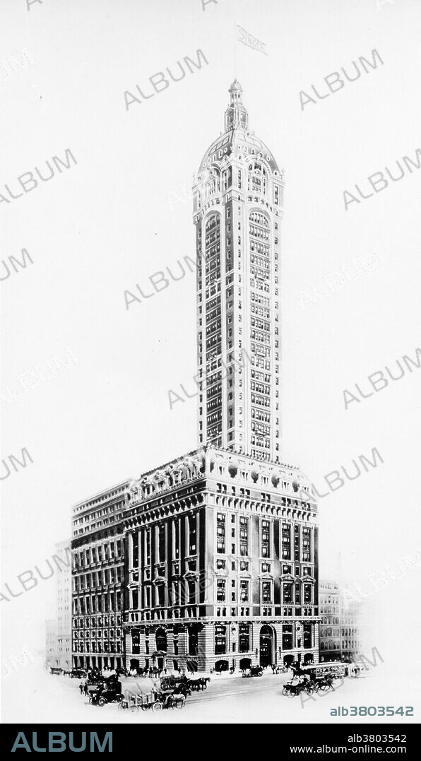 The Singer Building at Liberty Street and Broadway in Lower Manhattan's Financial District, was a 47-story office building completed in 1908 as the headquarters of the Singer Manufacturing Company. The building was commissioned by Frederick Bourne, who hired architect Ernest Flagg, an early exponent of the Beaux-Arts architectural style. The 12 story base of the building filled an entire block front, while the tower above was relatively narrow. The tower floors were squares only 65 feet on a side. It was demolished in 1968, together with the adjacent City Investing Building, and is now the site of 1 Liberty Plaza. When it was demolished, it was the tallest building ever to be demolished, and is still the third-tallest building ever to be destroyed (after the World Trade Center towers) No artist credited.