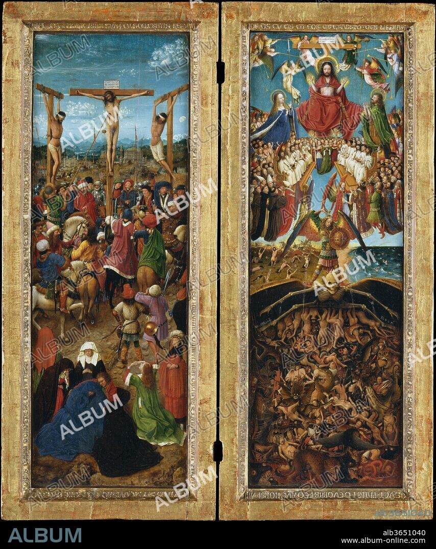 The Crucifixion; The Last Judgment. Artist: Jan van Eyck (Netherlandish, Maaseik ca. 1390-1441 Bruges) and Workshop Assistant. Dimensions: Each 22 1/4 x 7 2/3 in. (56.5 x 19.7 cm). Date: ca. 1440-41.
Philip the Good, Duke of Burgundy, considered Van Eyck (his court painter) unequalled in his "art and science." In fact, Van Eyck's expansive yet microcosmic paintings seem observed through both a microscope and a telescope. In <i>The Crucifixion</i>, he evokes a remarkable range of emotions among the crowds, seen against a landscape depicting an imagined Jerusalem; in 1426 he made a trip across the Alps during a diplomatic mission to Italy and the Holy Lands. He gives an equally palpable form to the horrors of the Last Judgment. The frames are original, with damaged inscriptions in Latin and Middle Dutch.