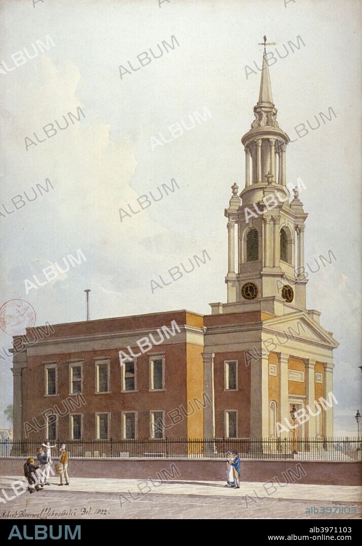 North-west view of St Paul's Church, Shadwell, London, 1822. Designed by John Walters, the church was one of the 'Waterloo Churches' built using funds provided by the Church Building Act 1818. It was completed in 1820.