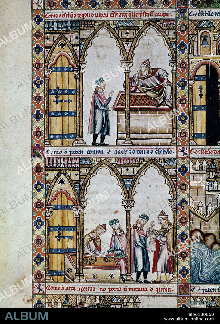ALFONSO X OF CASTILE THE WISE. 'The Jewish Moneylender and the Christian Merchant' (detail), The Cantigas de Santa Maria, Number 25, F38V, 13th century.