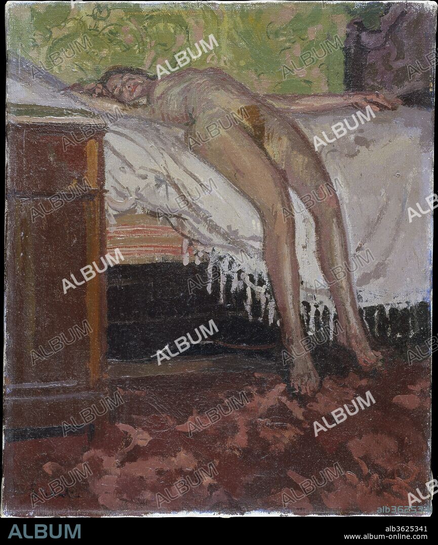 Reclining Nude (Thin Adeline). Artist: Walter Richard Sickert (British, Munich 1860-1942 Bathampton, Somerset). Dimensions: 18 1/8 × 15 1/8 in. (46 × 38.4 cm). Date: 1906.
In the fall of 1906, Sickert painted a number of models who posed for him in his Paris hotel room, later recalling that "the alcove of the beds in some of the rooms are beautifully lit." A group of these pictures, which are reminiscent of keyhole views by Degas and Bonnard that Sickert knew, were included in an exhibition held at Galerie Bernheim-Jeune in Paris in early 1907. In the accompanying catalogue, this work was called <i>La Maigre Adeline</i> (Thin Adeline).