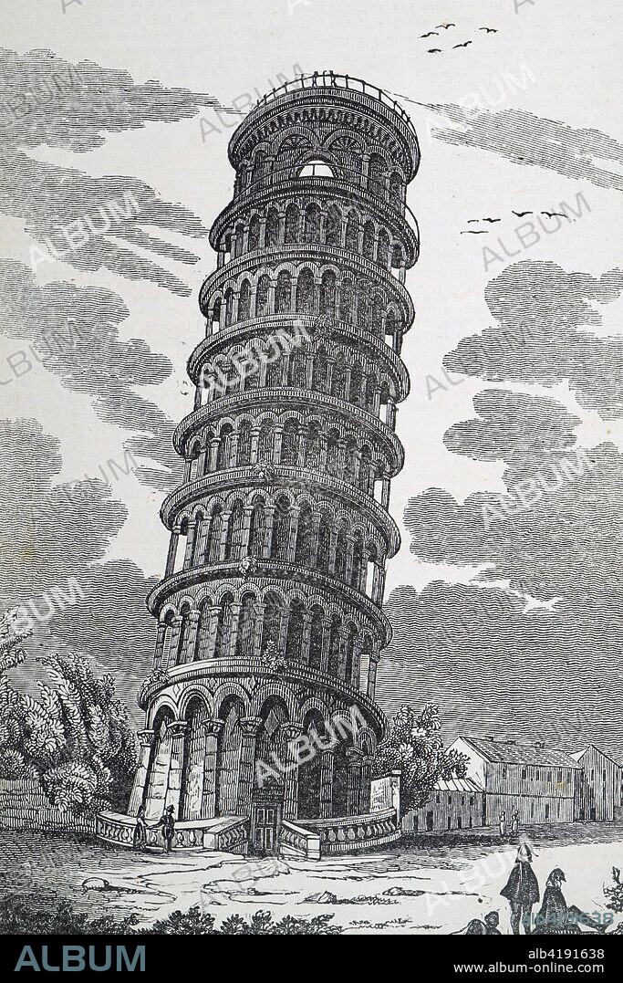 Engraving depicting the Leaning Tower of Pisa, the campanile, or freestanding bell tower, of the cathedral of the Italian city of Pisa. Dated 19th century.