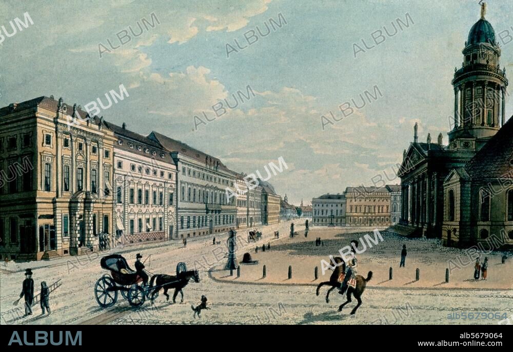 Berlin-Mitte, Französischer Dom am Gendarmenmarkt. (1701-05 nach Entwürfen von Louis Cayart erbaut, Turmanlage 1780 von Carl v. Gontard, 1943 ausgebrannt). Blick in die Jägerstraße mit dem Französischen Dom. Kolorierte Radierung, um 1820, von Forst nach Schmid.