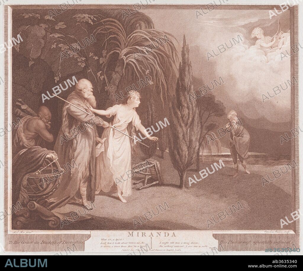 Miranda (Shakespeare, The Tempest, Act 1, Scene 2). Artist: After Robert Edge Pine (British, London (?) 1720/30?-1788 Philadelphia, Pennsylvania). Dimensions: Sheet (trimmed within plate): 14 3/4 × 17 5/8 in. (37.5 × 44.8 cm). Engraver: Caroline Watson (British, London 1760/61-1814 London). Publisher: John Boydell (British, Shropshire 1720-1804 London). Subject: William Shakespeare (British, Stratford-upon-Avon 1564-1616 Stratford-upon-Avon). Date: 1784.
The teenage Miranda, raised on a desert isle by her magician-father Prospero, here catches sight of the ship-wrecked youth Ferdinand and is dumbfounded by his beauty. Pine's related painting was shown in April 1782 at the Great Room, Spring Gardens with six other subjects from Shakespeare, with plans announced for related engravings "in the chalk manner," by Caroline Watson and Victor Marie Picot. When Pine departed for America, Boydell bought the plates and reissued this version of the print in 1784.