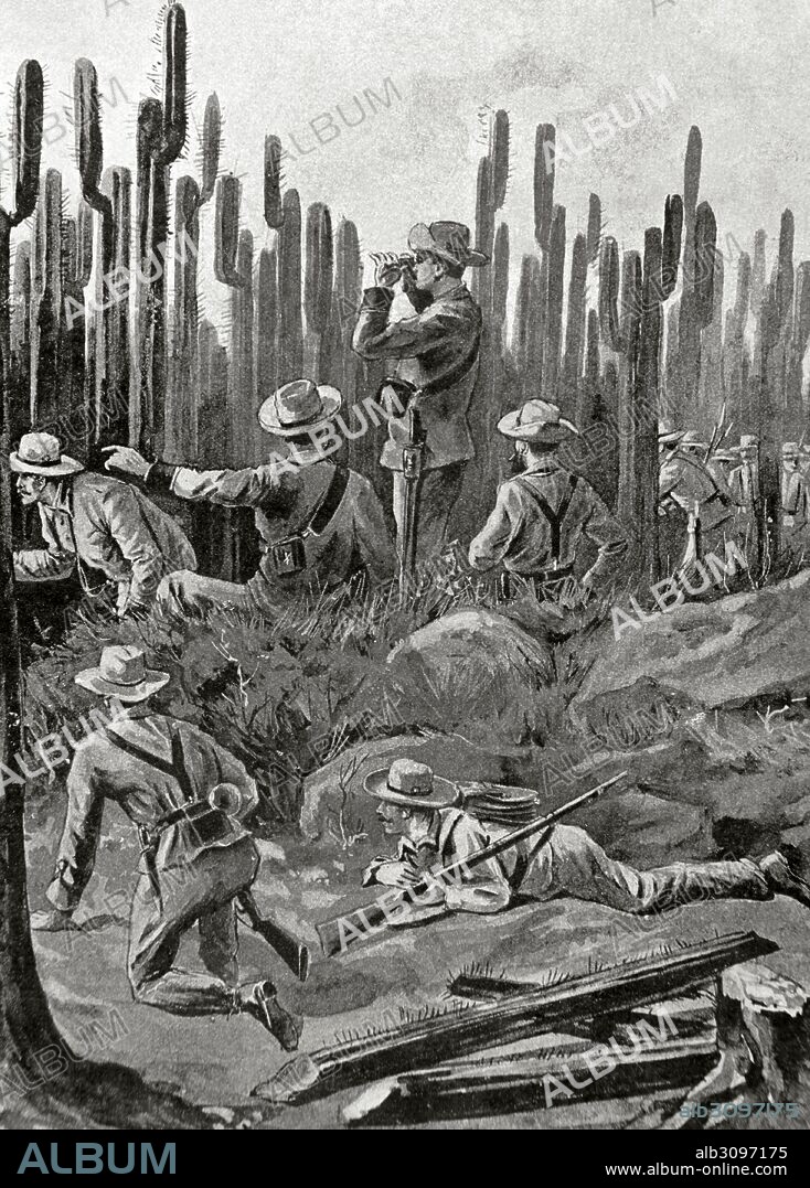 Spanish-American War, between Spain and the USA in 1898, due to the US intervention in the Cuban War of Independence. Cuba. A natural trench. Engraving. " La Ilustracio_n Iberi_ca", 1898.".