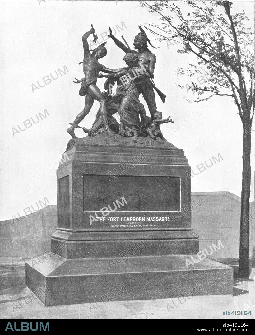 Memorial of the Fort Dearborn Massacre, Chicago, Illinois, USA, c1900. The Fort Dearborn Massacre Monument, bronze sculpture by Carl Rohl-Smith made in 1893, to commemorate a battle between US troops and Potawatomi Native Americans near Fort Dearborn on 15 August 1812. The battle, which lasted about 15 minutes, resulted in a complete victory for the Potawatomi who burned down the Fort. From Scenic Marvels of the New World edited by Prof. Geo.R. Cromwell. [C.N.Greig & Co., c1900].