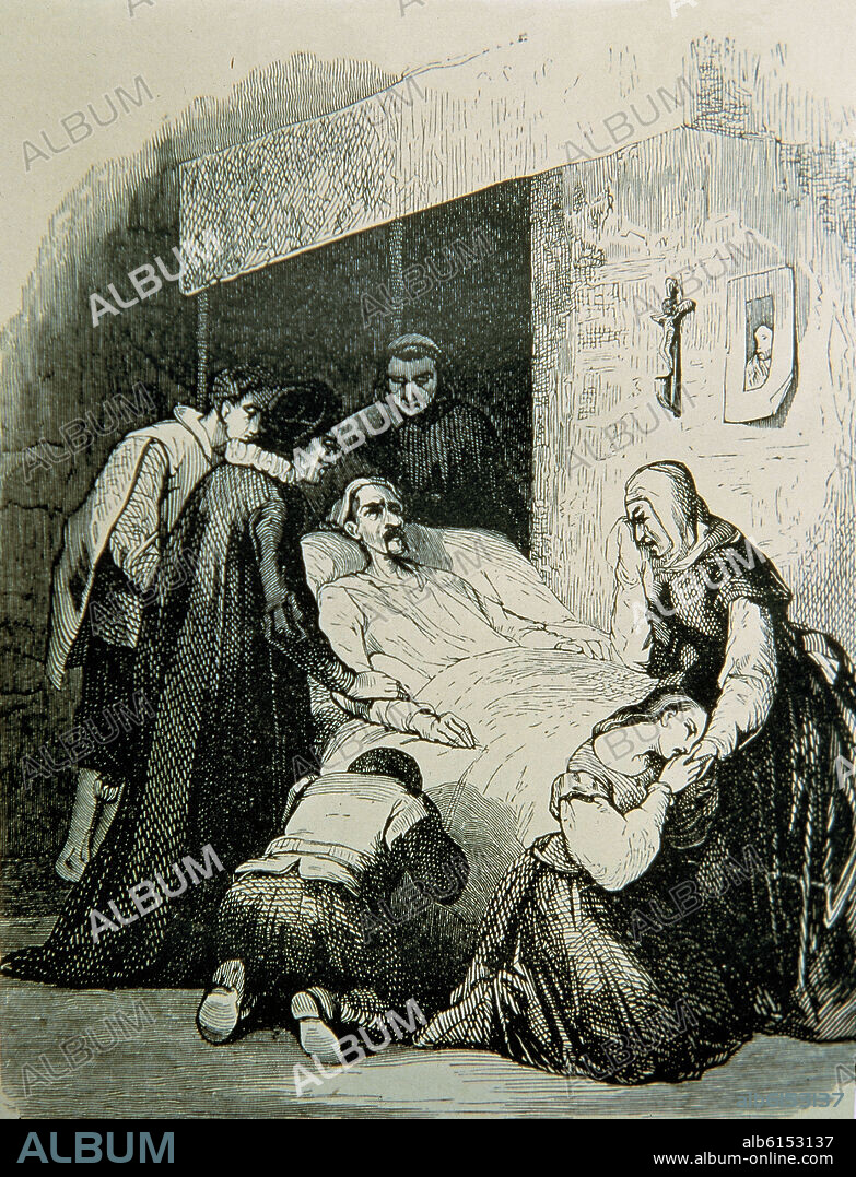 GRABADO-MUERTE DE DON QUIJOTE.