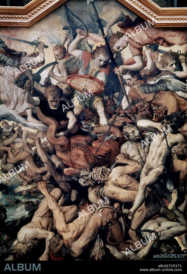 FRANS FLORIS VRIENDT (1516-1570). LA CAIDA DE LOS ANGELES REBELDES - 1554 - PINTURA MANIERISTA FLAMENCA.