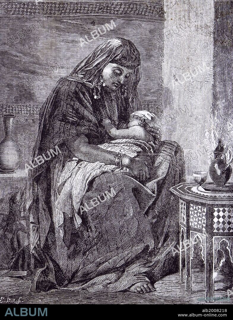 The first born baby by F. Goodall, 1862, young egyptian mother, egypt; costume of the east; Cairene mother; copt woman; from the christian or copt quarter of Cairo; long veil; black habbarah; earrings; dress with venetian sequins and other gold coins; the cap of the infant decorated with gold coins; inlaid coffee table; inlaid with ivory and mother of pearl; through the perforations of the metal vessel on the table the moke of burning perfume is escaping; common local custom of scenting apartments; divan; money constructed of a close framework of split bamboo;ma; mamma; mom; mommy; aroma; balm; bouquet; smell; fragrance; jewel; at peace; comfortable; quiet; satisfied; tranquil; serene; cozy; warm; delightful; happy; birthplace.