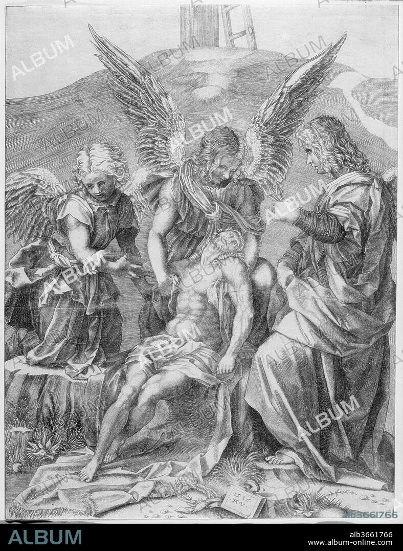 The Body of Christ Supported by Three Angels. Artist: Agostino Veneziano (Agostino dei Musi) (Italian, Venice ca. 1490-after 1536 Rome); After Andrea del Sarto (Andrea d'Agnolo) (Italian, Florence 1486-1530 Florence). Dimensions: sheet: 11 5/16 x 8 5/8 in. (28.8 x 21.9 cm). Date: 1516.