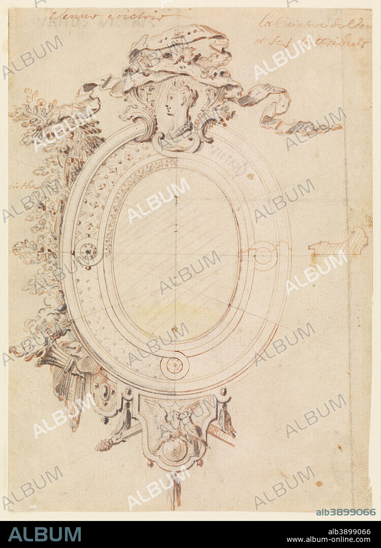 GILLES-MARIE OPPENORD. Design for an Oval Frame on Theme of Venus Victorious. Date/Period: 1690 - 1700. Drawing. Pen and black ink, graphite on paper.