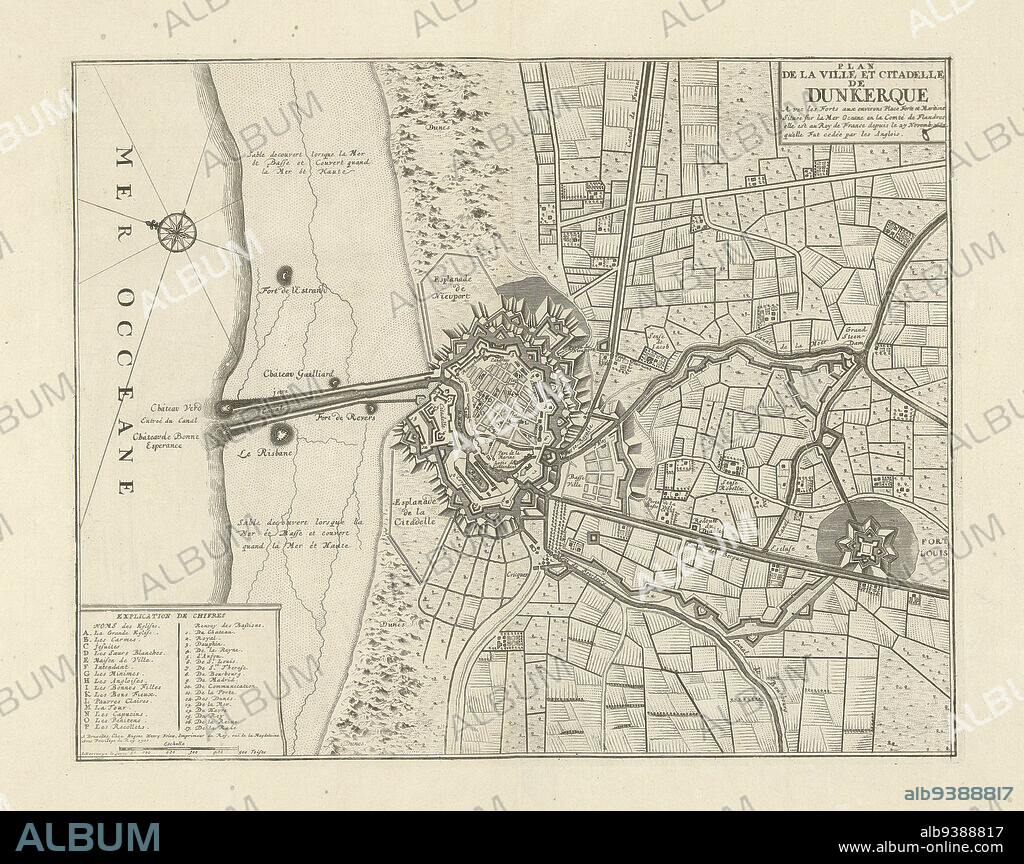 Map of Dunkirk, 1711, Plan de la ville et citadelle de Dunkerque (title on object), Map of Dunkirk, 1711. Legend A-P and 1-17 at bottom left. Part of a bundled collection of plans of battles and cities famous in the War of the Spanish Succession., print maker: J.G. Harrewijn (II) (mentioned on object), publisher: Eugene Henry Fricx (mentioned on object), Brussels, 1711, paper, etching, height 382 mm × width 480 mm.