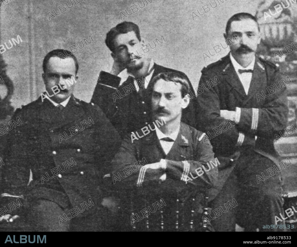 J. SERENI. 'Le general Gallieni; Le jeune capitaine Gallieni, en 1881, revenant de sa mission dans la vallee du Niger, aupres d'Ahmadou. Autour e lui, ses compagnons : lieut. Valliere, doctor Tautin et capitaine Pietri', 1881. From "Collection de la Guerre IV. L'Illustration Tome CXLVII. La Guerre Janvier, Fevrier, Mars, Avril, Mai, Juin 1916".