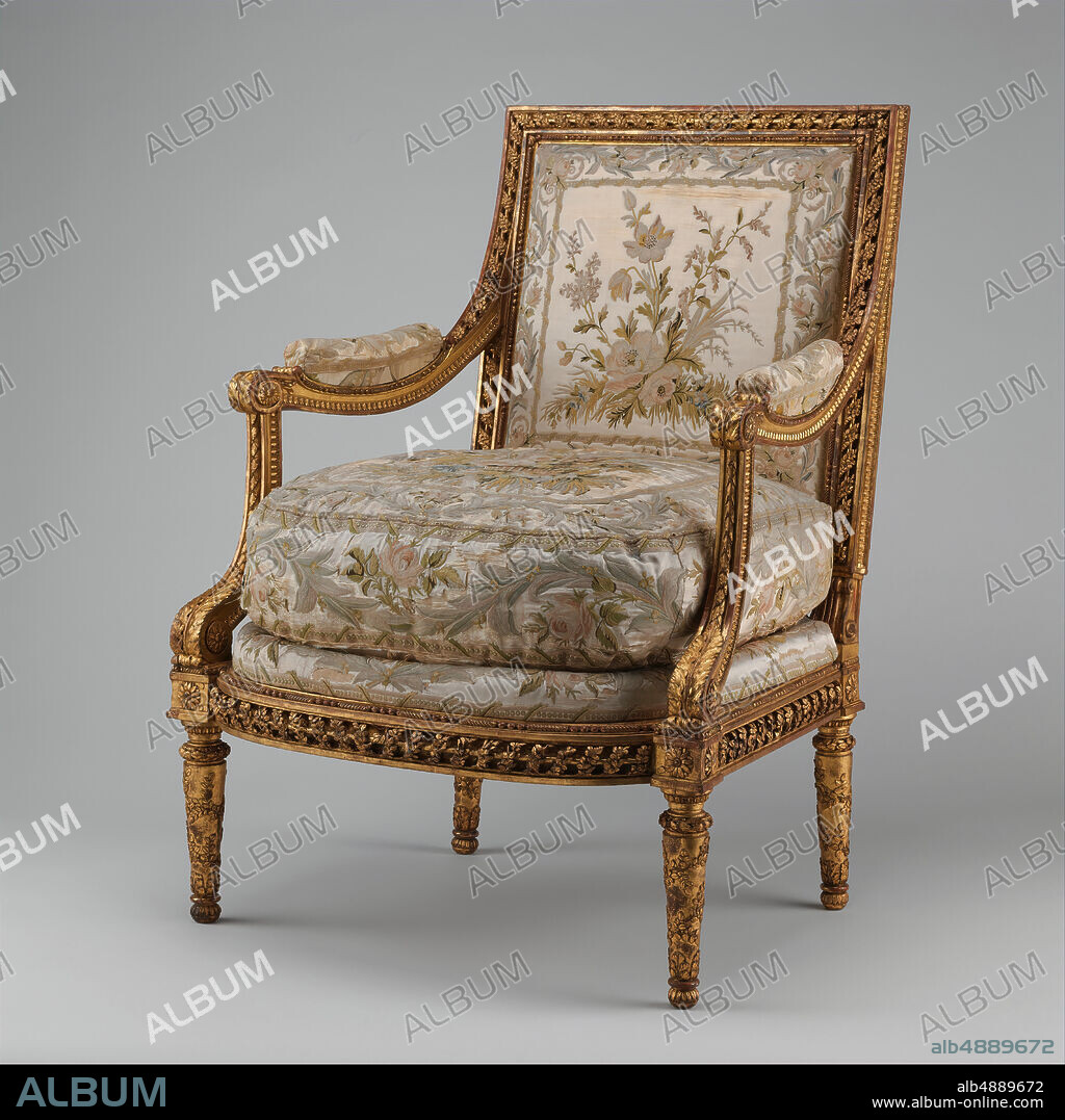 Georges Jacob, Armchair (Fauteuil à la reine) (one of a pair) (part of a set), French, Paris, Georges Jacob (French, Cheny 17391814 Paris), Possibly embroidered by Joseph-François-Xavier Baudoin (French, 1739ca. 1786), ca. 178085, French, Paris, Carved and gilded walnut; embroidered silk satin, Overall: 40 1/4 × 29 1/2 × 30 5/8 in. (102.2 × 74.9 × 77.8 cm), Woodwork-Furniture.