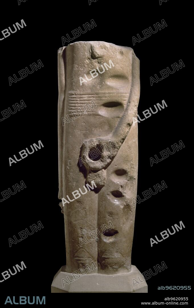 Statue of god Min, 3300 BC. Ithyphallic statue, complete from above armpits to below knees. Left hand holds phallus; right arm, elbow slightly bent, hangs by the side, the hand clenched and perforated, perhaps to hold flail. Phallus made separately, lost. Dimensions: length: 177 cm.