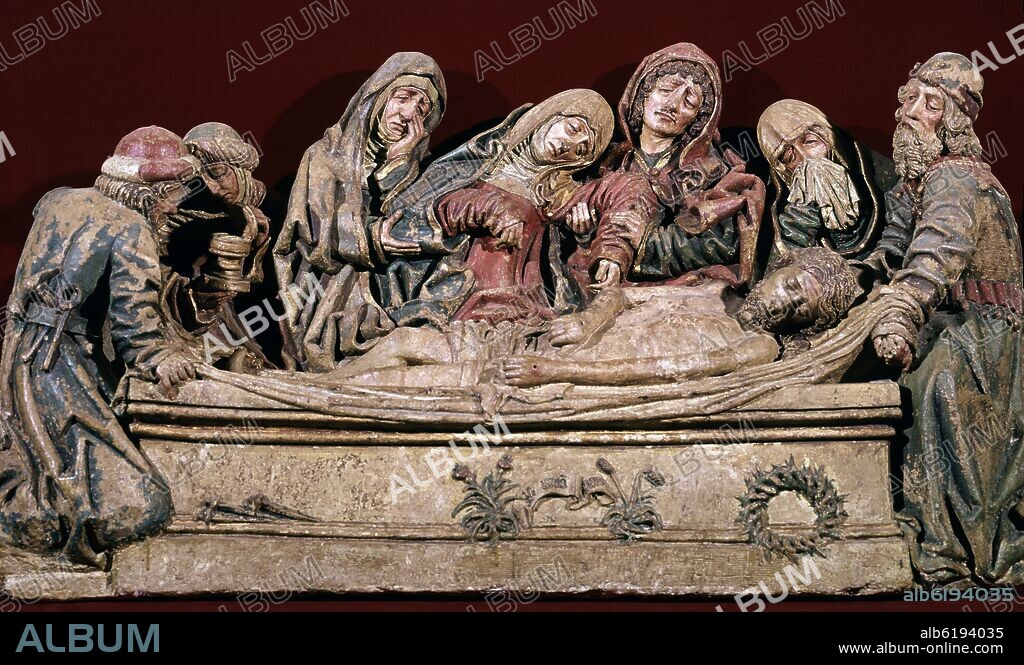 PEDRO MILLAN (SIGLO XV-SIGLO XVI). LLANTO SOBRE CRISTO MUERTO - SIGLO XV - ESCUELA ANDALUZA - BARRO COCIDO Y POLICROMADO - 62,5x123x45 cm.