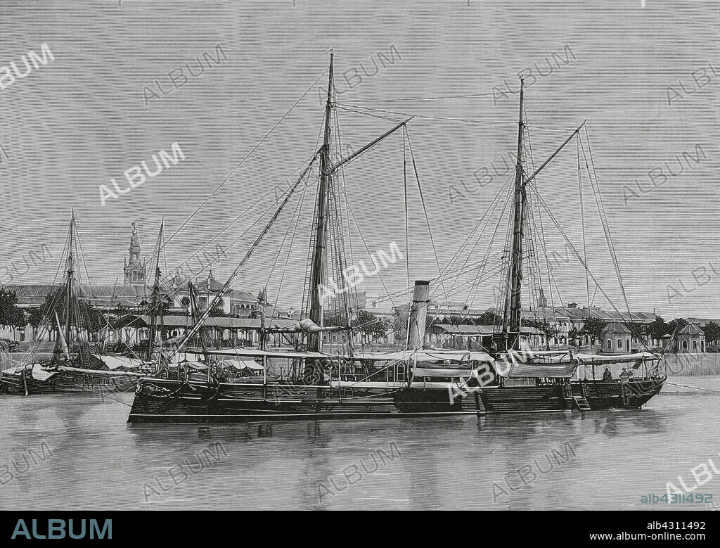 EUGENIO VELA (D. 1895). SPANISH ENGRAVER.. Armada Española. Cañonero "Eulalia", de la clase Pilar, con casco de hierro. Fue construido en los astilleros de El Ferrol. Artillado con un cañón Hontoria de 120 mm. y una ametralladora de 25 mm. El buque fue botado el 23 de enero de 1882 y entregado a la Armada por la reina Isabel II en Sevilla, en un acto que tuvo lugar en enero de 1883. Tras la entrega se realizó la prueba oficial del nuevo cañonero en el Río Guadalquivir. El cañonero "Eulalia" fondeado en el puerto de Sevilla, Andalucia. Grabado por Vela. La Ilustración Española y Americana, 30 de marzo de 1883.