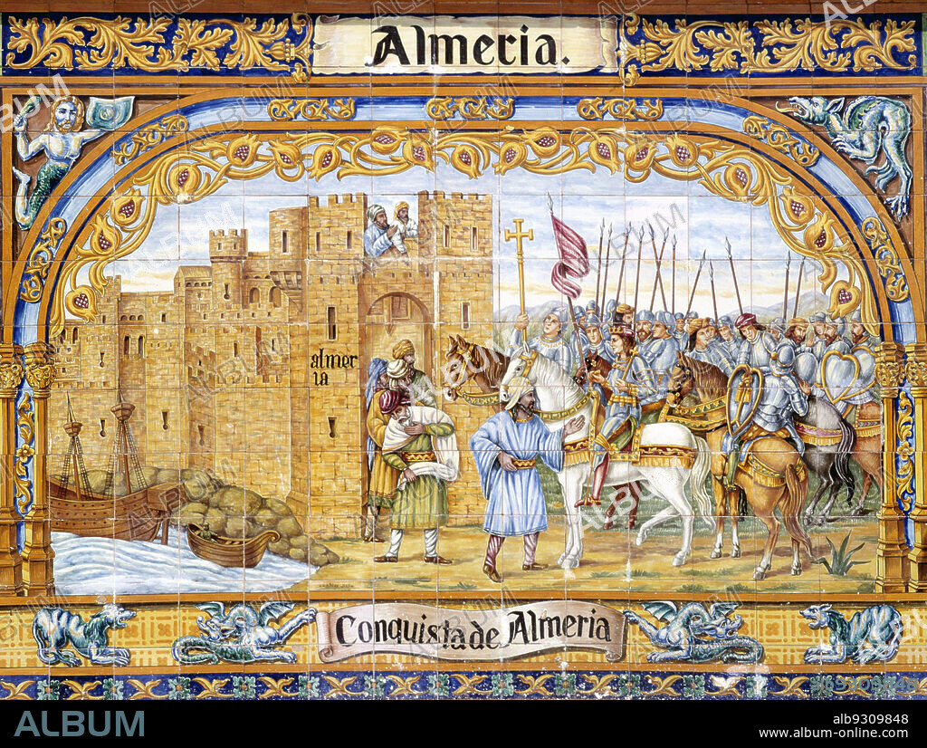 SFGP. REYES CATOLICOS. FERNANDO II DE ARAGON ( 1452_1516) E ISABEL I DE CASTILLA (1451-1504). RECONQUISTA. CONQUISTA DE ALMERIA , 1489. AZULEJOS EN LA PLAZA DE ESPAÑA DE SEVILLA.
