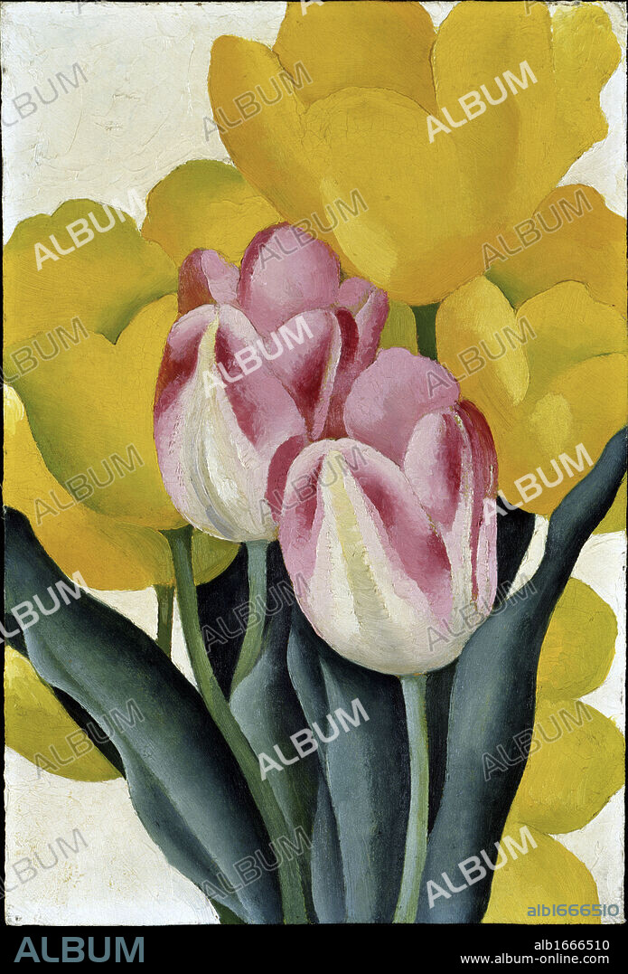Tulips: Pink and Yellow by Georgia O'Keeffe, oil on cardboard, 1887-1986.