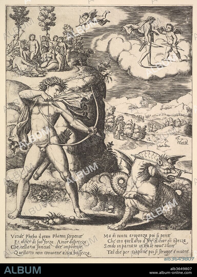 Apollo standing at left shooting a python with an arrow, above to the left are the muses and at right on a cloud Cupid approaching Apollo, from the 'Story of Apollo and Daphne'. Artist: Master of the Die (Italian, active Rome, ca. 1530-60); After Baldassare Tommaso Peruzzi (Italian, Ancaiano 1481-1536 Rome). Dimensions: sheet: 7 1/8 x 9 5/8 in. (18.1 x 24.4 cm) approximately. Series/Portfolio: Story of Apollo and Daphne. Date: 1530-60.
According to Ovid (Metamorphoses 1.253-444), Jupiter destroyed the violent race that arose from the blood of the Giants with a universal flood. When the waters receded, the monstrous Python emerged and was slain by Apollo, as seen in the foreground of this engraving. In the background, Apollo, in the pride of his victory, mocks Cupid (the Greek Eros) for attempting to wield the bow, a weapon unsuited to his diminutive stature. To the left, Cupid exacts his revenge, aiming at Apollo's heart the golden arrow that inflicts love. Cupid has already shot the nymph Daphne-seen in the distance leading the life of a virgin huntress-but with a lead-tipped arrow that has made her hostile to love.