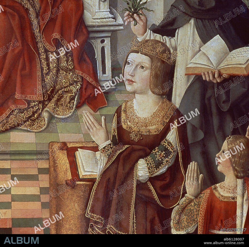 MAESTRO DE LA VIRGEN DE LOS REYES CATOLICOS (S XV). VIRGEN DE LOS REYES CATOLICOS - DETALLE DE ISABEL LA CATOLICA (1451-1504) - PINTURA HISPANOFLAMENCA - SIGLO XV - CONJUNTO 12946.