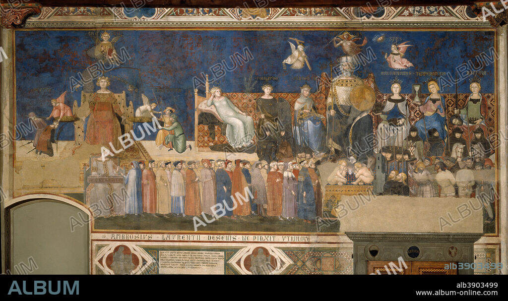 AMBROGIO LORENZETTI. Allegory of Good Government. Date/Period: 1338 - 1339. Painting. Fresco.