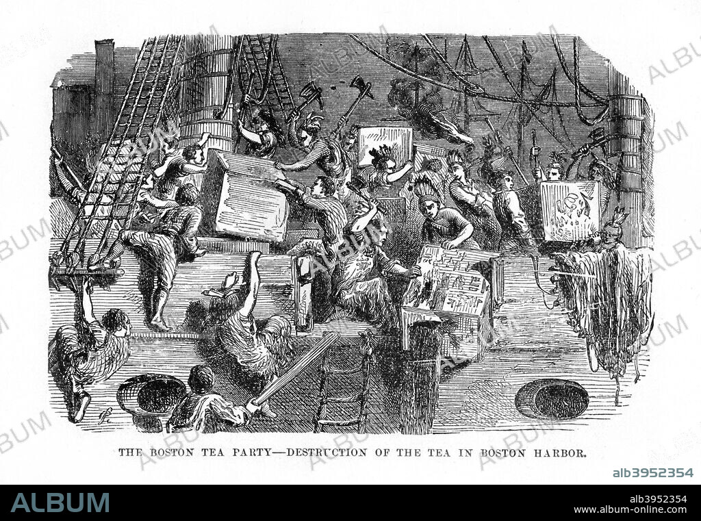 The Boston Tea Party,16 December 1773, (1872). The Boston Tea Party was a protest by the American colonists against Great Britain in which they destroyed many crates of tea on ships in Boston Harbour. The incident, which took place on Thursday, December 16, 1773, has been seen as helping to spark the American Revolution. Engraving from John Gilmary Shea's A Child's History of the United States, Hess and McDavitt, (New York, 1872).