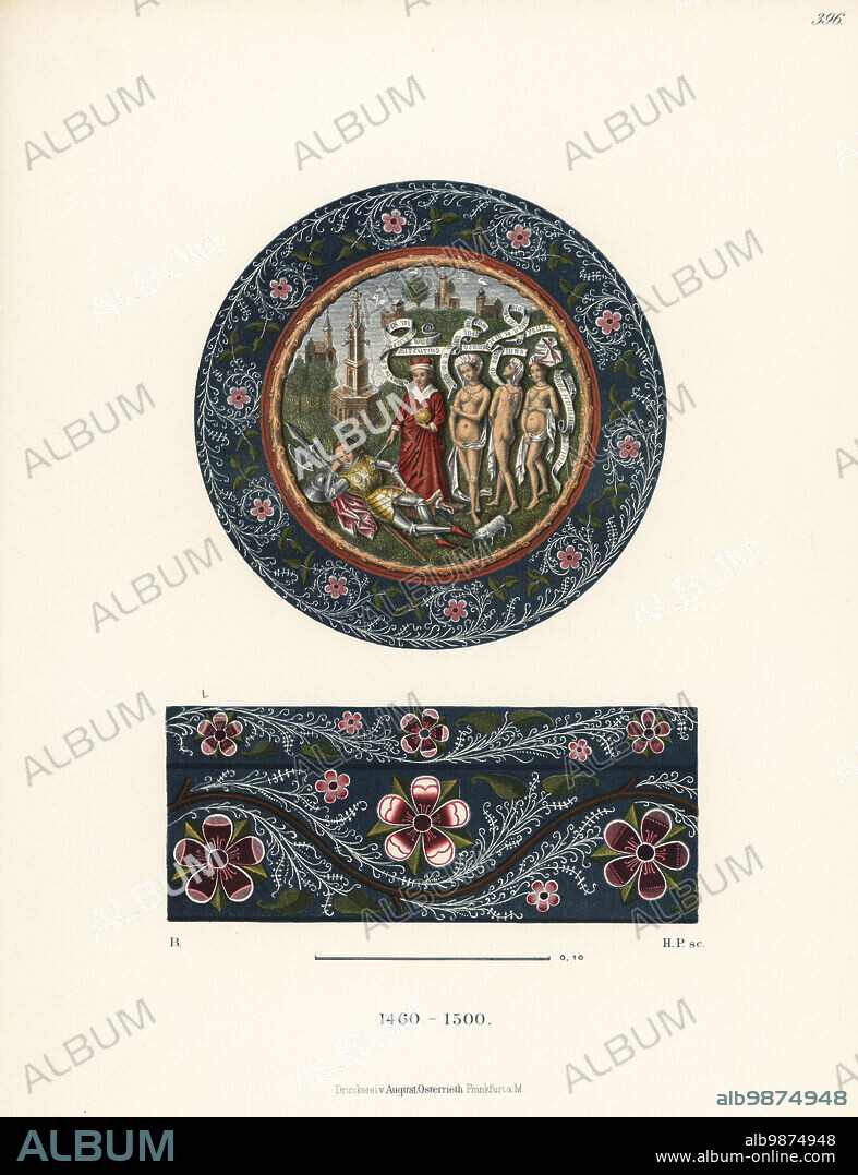 Painted decorative box showing the Judgment of Paris from the late 15th century. Paris in gold suit of armour lies before Mercury in red robes and three naked goddesses Hera, Athena and Aphrodite. Chromolithograph from Hefner-Alteneck's Costumes, Artworks and Appliances from the Middle Ages to the 17th Century, Frankfurt, 1889. Illustration by B, lithographed by H. Petersen. Dr. Hefner-Alteneck (1811 - 1903) was a German museum curator, archaeologist, art historian, illustrator and etcher.