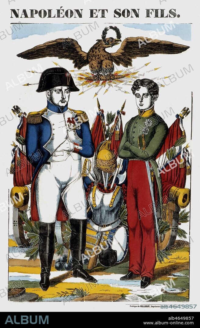' Napoleon et son fils.' NAPOLEON Ier (1769-1821) et son fils Francois-Charles-Joseph, dit NAPOLEON II (1811-1832). Imagerie Pellerin illustree par Francois GEORGIN (1801-1863) graveur a Epinal vers 1835-1840. Credit : Collection Grob/KHARBINE-TAPABOR.