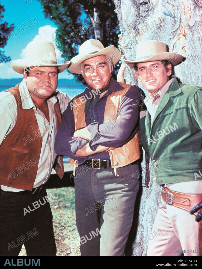 DAN BLOCKER, LORNE GREENE und MICHAEL LANDON in BONANZA, 1959 (BONANZA-TV), unter der Regie von LEWIS ALLEN und ROBERT ALTMAN. Copyright NATIONAL BROADCASTING CO.