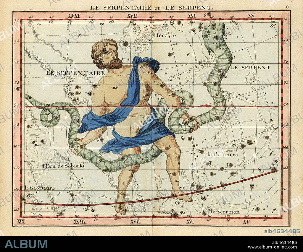 Constellations Ophiuchus and Serpens, with Hercules, Libra, Scorpius, and Scutum. Le serpentaire et le serpent.Handcoloured copperplate engraving from John Flamsteed and Nicolas Fortins Celestial Atlas or Atlas Celeste de Flamsteed, Lalande, Paris, 1795.