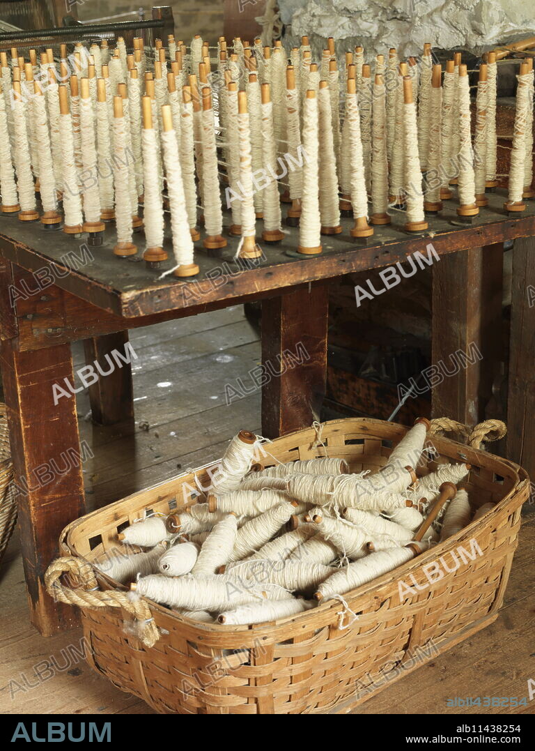 Upper Canada Village, recreation of pioneer life circa 1860s, spun sheep wool, Morrisburg, Ontario, Canada, North America.