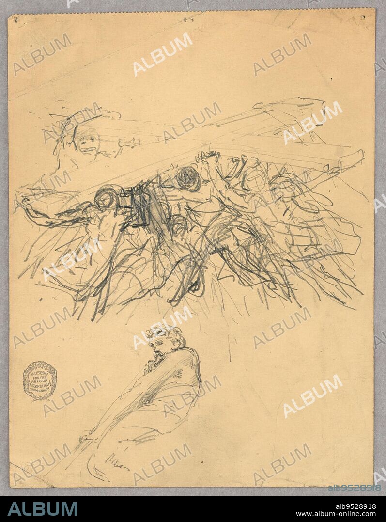 FRANCIS AUGUSTUS LATHROP. Sketch of figures bearing a cross. Below, man with laurel crown, blowing a horn; mouth of horn not pictured. Probably a study for a mural of the Ascension. Graphite on paper. Date: ca. 1895.