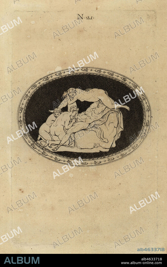 Emperor Tiberius in an orgy with three fallen women. One fellates him as he performs cunnilingus on another. Tibere assis avec une troupe de femmes perdues. Copperplate engraving from Pierre-Francois d'Hancarvilles Monumens de la Vie Privee des Douze Cesars, Chez Sabellus, Capri (Monuments of the Private Lives of 12 Caesars, Leclerc, Nancy) 1780. From imaginary Spintria, medals and cameos.