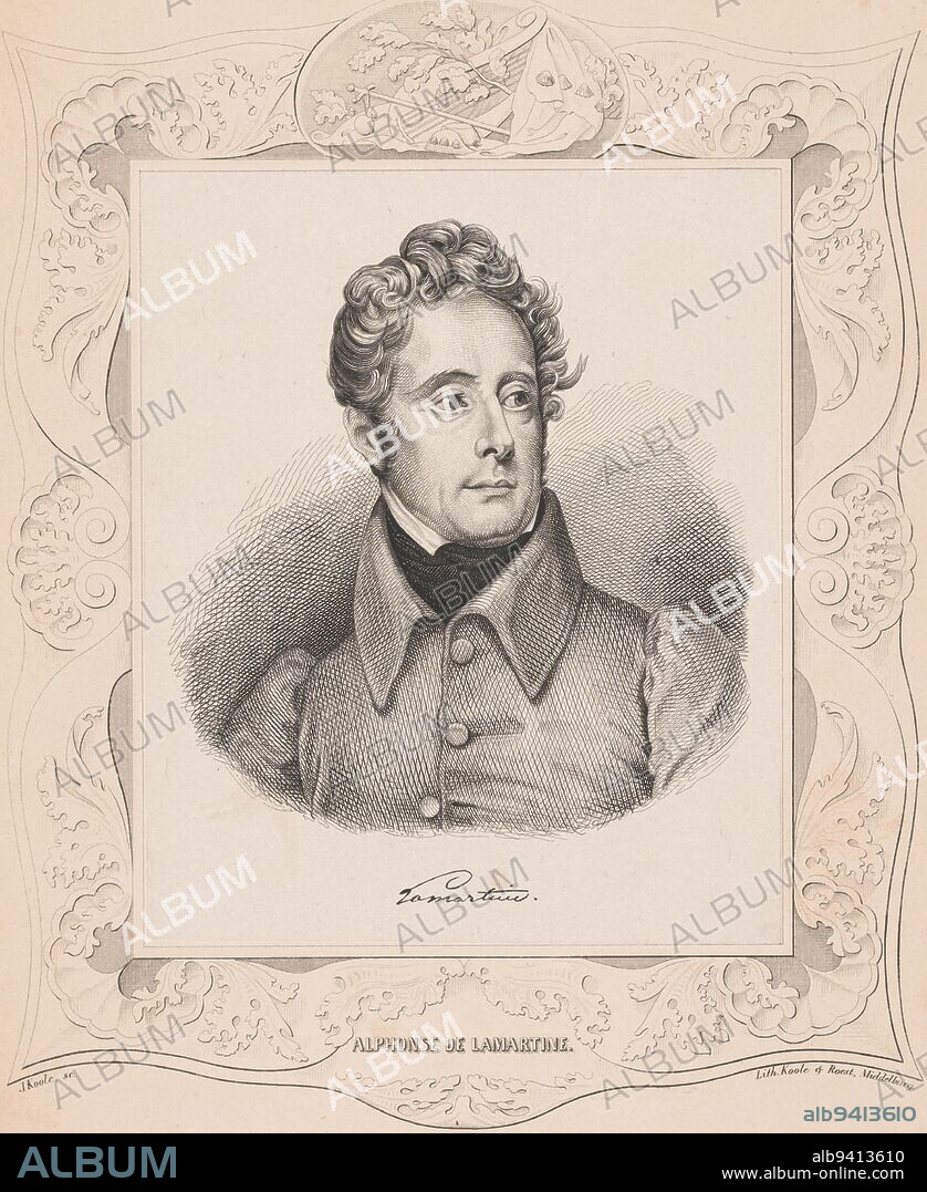 Portrait of Alphonse de Lamartine, J. Koole, 1839 - 1841, Under the portrait his signature and name. Around the portrait an ornamental border with a harp and oak leaves at the top., print maker: J. Koole, (mentioned on object), printer: Koole & Roest, (mentioned on object), Middelburg, 1839 - 1841, paper, h 365 mm × w 270 mm.