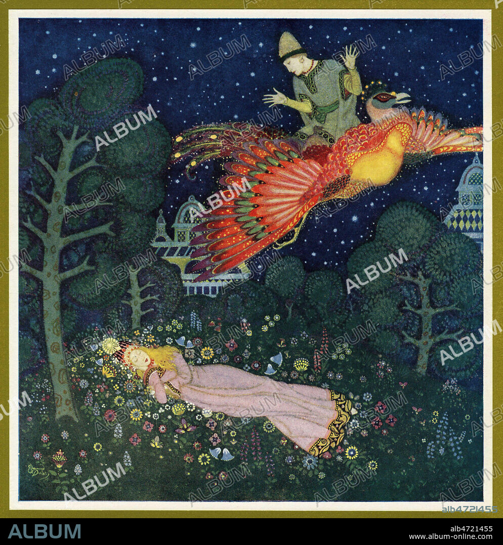 L'oiseau de feu. Il trouva la Princesse endormie et reconnut son visage comme celui du portrait. Illustration vers 1916 par Edmund DULAC (1882-1953= ADAGP) pour Fairy Tales of the allied Nations. Credit : Collection privee KHARBINE-TAPABOR.