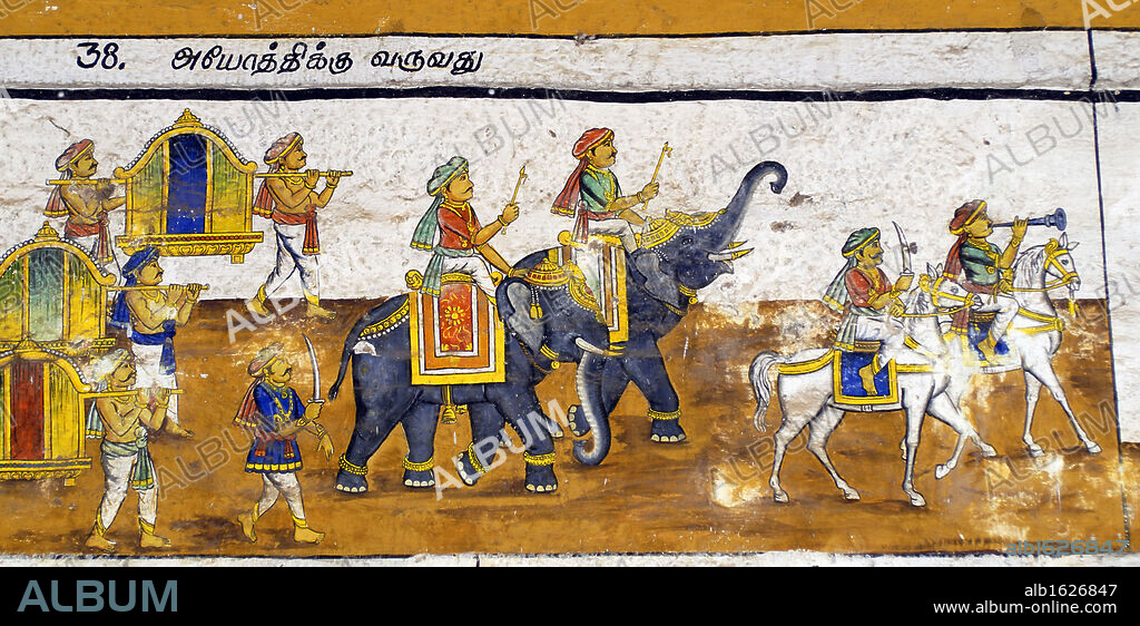 Murals- Epic Ramayana-Wall Paintings in Ramasamy Temple at Kumbakonam, Tamil Nadu, India-Rama's Procession to Ayodya. Artist Unknown.