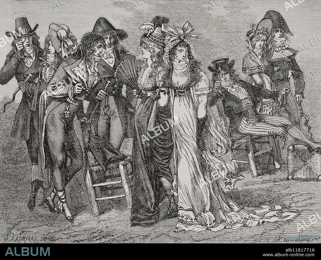 ALEXANDRE FERDINANDUS (CA. 1850-1888). FRENCH ARTIST.. Revolución Francesa. Incroyables y merveilleuses en París, entre 1794 y 1796. Dibujo por A. Ferdinandus. Grabado por J. Ladmiral. "Historia de la Revolución Francesa". Tomo I, parte 2, 1879.