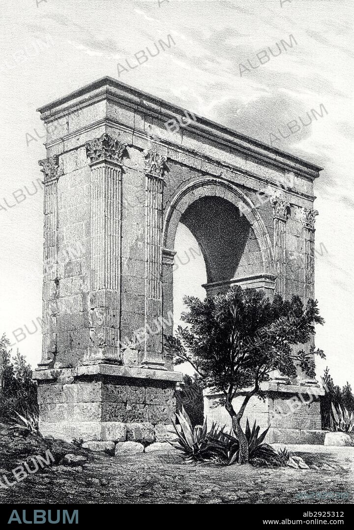 Historia. Arco de triunfo romano de Barà construido en Tarragona por Augusto el siglo i a. C.. Grabado de 1871.
