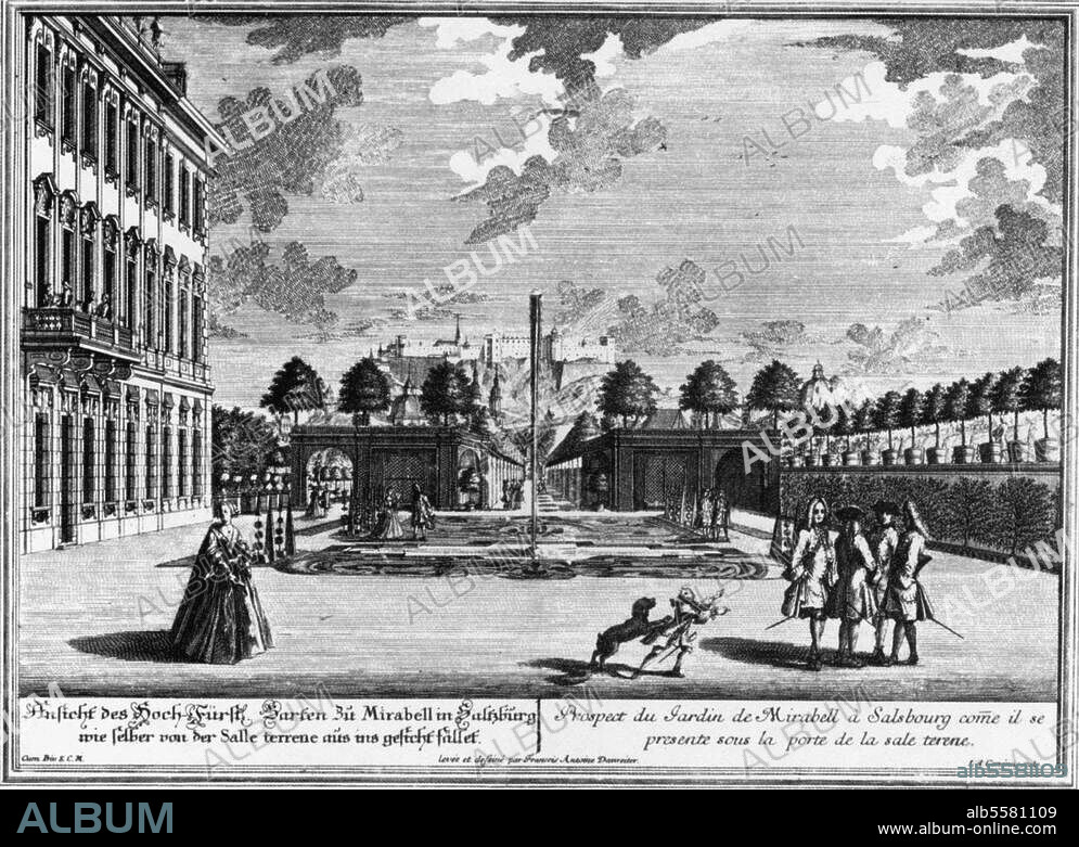 Salzburg (Österreich), Schloß Mirabell. "Ansicht des Hoch-Fürst. Garten zu Mirabell (...) von der Salle terrene". (Lustgarten ab 1689 nach Entwürfen Fischer von Erlachs). Kupferstich, um 1730, von Johann August Corvinus (1683-1738) nach Zeichnung von Franz Anton Danreiter (gest. 1760).
